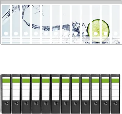 Produktbild von Wallario 12 Stück breite Ordner inkl. Klebeetiketten mit Motive Limettenscheibe in spritzigem Wasser -  Set mit Rückenschildern / Ordnerrücken Stickern