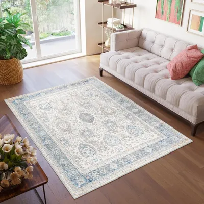 A living room scene with a rug, sofa, and plant.