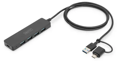 Produktbild von Digitus USB 3.0 Hub 4-Port, Slim Line, USB 3.2 Gen 1 (3.1 Gen 1) Type-A + Type-C, USB 3.2 Gen 1 (3.1 Gen 1) Type-A, 12000 Mbit/s, Schwarz, 1,2 m, China