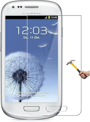 A screen protector is shown being applied to a Samsung Galaxy S3 mini phone, with a hammer nearby to demonstrate durability.