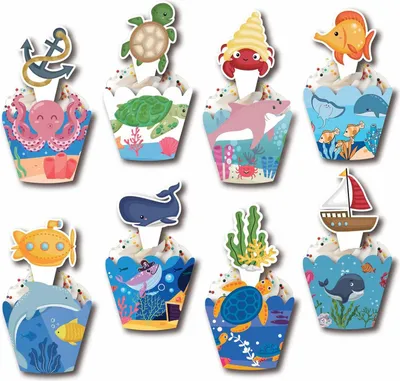 Produktbild von Unterwasser-Thema Cupcake Toppers und Wrapper Set von 48 Stück - Partydekorationen für Kinder, Jungen, Mädchen, Geburtstag, Babyparty