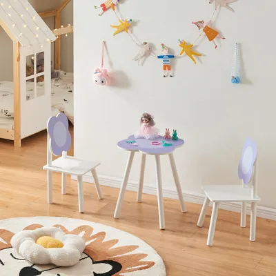 Produktbild von Kindertischset mit 2 Stühlen Kindertisch-Set 'Simrisham' Blumen-Design Kiefernholz + MDF Weiß / Lila