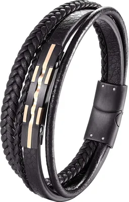 Produktbild von Karisma Männer Herren Schwarzes Lederarmband 4 Lederstränge Edelstahl Platte Länge 21cm BLQ245 - Roséblack