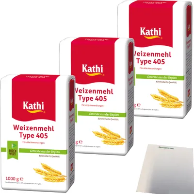 Produktbild von Kathi Weizenmehl Typ 405 mit Getreide aus der Region 3er Pack (3x1kg Packung) + usy Block