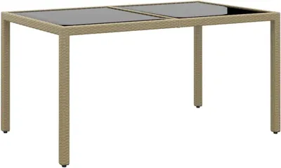 Produktbild von Beiger Gartentisch aus Poly Rattan mit gehärteter Glasplatte, 150x90x75 cm – stabiler Outdoor-Tisch mit pulverbeschichtetem Stahlgestell, leicht zu reinigen und flexibel umstellbar