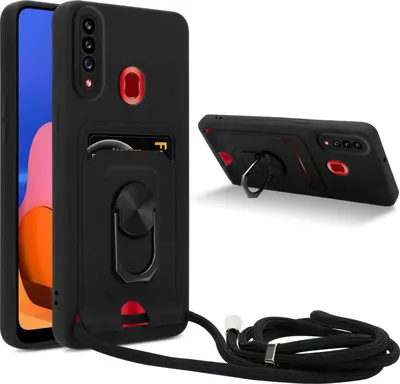 Obrázek produktu pro Řetízek na mobilní telefon Cadorabo s funkcí stojánku pro Samsung Galaxy A20s v ČERNÉ barvě - silikonové ochranné pouzdro s nastavitelným páskem na šňůru