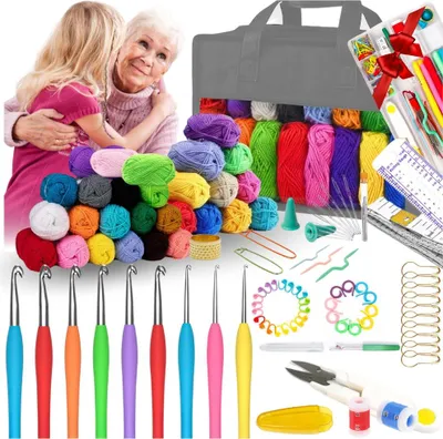 A collage of a crochet kit, including yarn, hooks, and accessories, with a heartwarming image of a grandmother and child in the background.