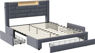 Imagen del producto de Cama Moonbite con espacio de almacenamiento, 160x200 cm, tapizada en terciopelo gris, con 3 cajones, iluminación LED, 2 puertos USB y 2 puertos tipo-C. Cuatro cargas, una cama