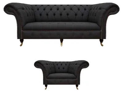 Immagine prodotto di Set Chesterfield in tessuto nero poltrona di design a 3 posti 2 pezzi