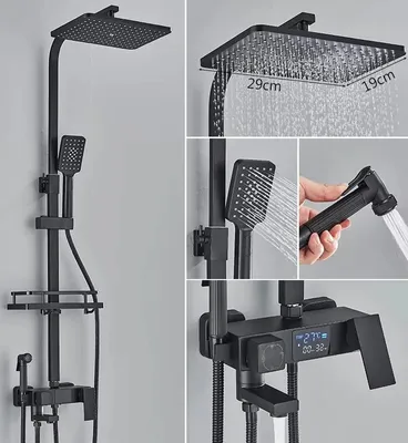 A collage of images showcasing a black digital display shower faucet system.
