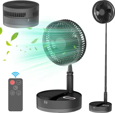 A collage of images showing a portable fan in different configurations and a remote control.
