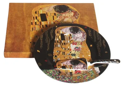 Obrázok produktu pre HOME ELEMENTS Porcelánový okrúhly tanier na tortu s lyžičkou, Klimt Bozk tmavý