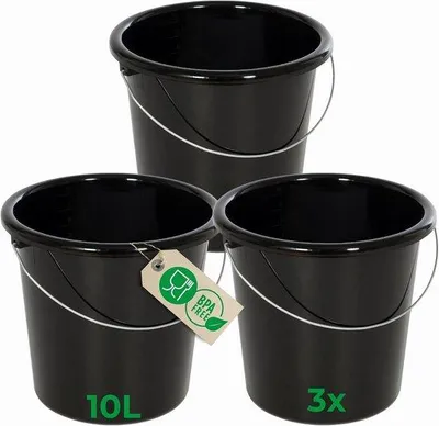 Produktbild von Mehrzweck Eimer 10 Liter mit Messskala, Set aus 3 schwarzen Kunststoffbehältern