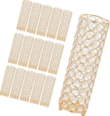 Image de SucceBuy 16 vases décoratifs pour mariage, vases métalliques de 26 cm de haut avec supports pour fleurs, cylindres en cristal pour les célébrations telles que les mariages, les fêtes, les anniversaires et les cérémonies, dorés