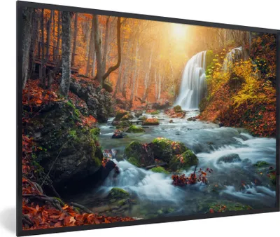 Produktbild von MuchoWow® Gerahmtes Poster Wasserfall - Sonne - Herbst 90x60 cm - Poster mit Schwarzem Bilderrahmen Wandposter Rahmen Foto Bilder - Fotorahmen - Foto-Plakat