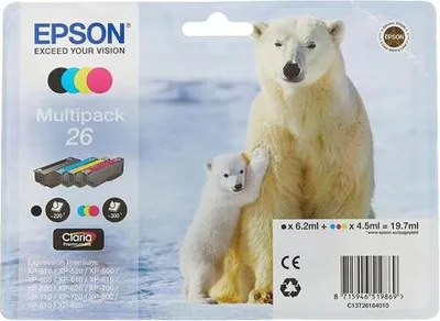 Produktbild von Epson Polar bear Multipack 4 Farben 26 Claria Premium Ink, Schwarz, Cyan, Magenta, Gelb, Tinte auf Pigmentbasis, Tinte auf Farbstoffbasis, 6,2 ml, 4,5 ml, 1 Stück(e)