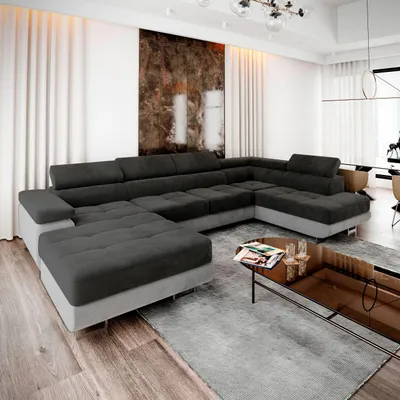 Produktbild von Masseno Ecksofa CASONE R-S mit Schlaffunktion U-Form, Sofa mit Bettkasten, Wohnzimmersofa, Couch, Soffa, Bettsofa, Couchgarnitur- Schwarz, MONOLITH 95 + MONOLITH 84