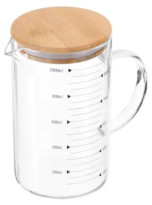 Produktbild von Messbecher aus Glas 1000 ml Borosilikatglas mit schwarzer Skala und Holzdeckel