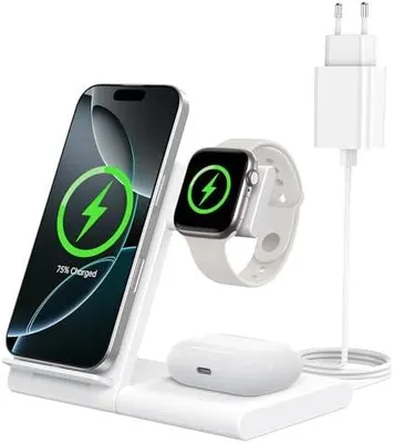 Produktbild von Ladestation Apple Watch und iPhone, 3 in 1 Ladestation für iPhone 17/16/15/14/13/12/11/Pro/Max/Plus, Apple Watch Ultra 3/11/10/9/8/7/6/SE 3, für AirPods 4/3/2/Pro 3 (Weiß)