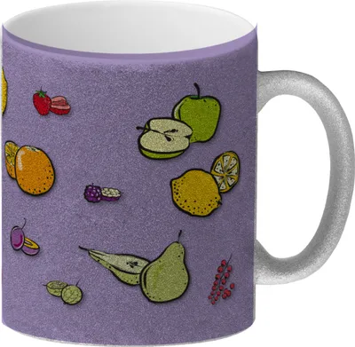 Produktbild von Glitzer-Kaffeebecher in lila zum Thema Obst mit verschiedenen Früchten