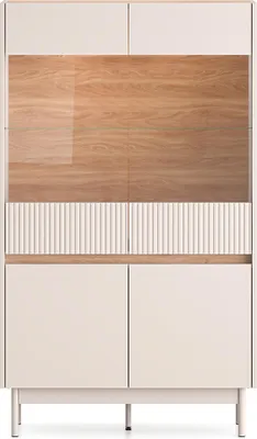 Produktbild von Wohnzimmer-Highboard inkl. Beleuchtung, 92 cm breit in kaschmir matt mit Eiche, 2 Türen, 2 Glastüren - DINAR-131