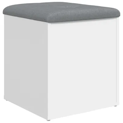 A white cube storage ottoman with a gray fabric top.