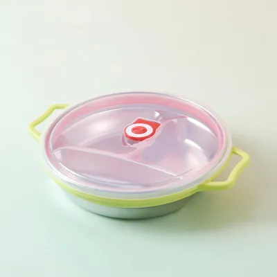 Obrázek produktu pro Dětský talíř z nerezové oceli s ochranou proti opaření, přihrádka na uchopení, dělený design, večeře pro mateřské školy, zelený, s víkem