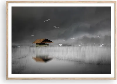 Produktbild von Gerahmtes Poster - Rahmen in heller Eiche - Hütte Nebel Sumpf - 100x70 cm - Wand Bild - Wanddeko - Wandbilder - Kunstposter - Wandposter - Bilderrahmen - Bilder - Kunstdruck - P2NAA100x70-4896
