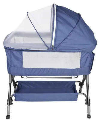 Produktbild von 3-in-1 Babybett - Beistellbett / Gitterbett - Höhenverstellbar - Wiegefunktion - 360° Räder - Moskitonetz - Ablagekorb - Blau