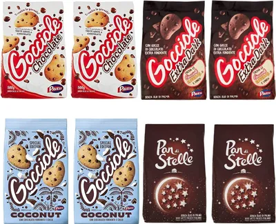 Produktbild von 6x Pavesi Barilla Kekse Gocciole Testpaket Chocolate Dark Coconut Kekse + 2x Mulino Bianco Pan di stelle 350g
