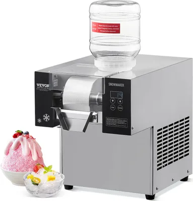 A commercial snow ice maker with a water bottle on top, and two bowls of shaved ice in front.
