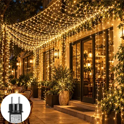 Productafbeelding van 3x3 meter lichtgordijn, binnen decoratie, kerst, LED lichtketting, gordijn, 8 modi, voor ramen, met 31V stekker, geschikt voor woonkamer, feest, bruiloft, kerstdecoratie, warm wit