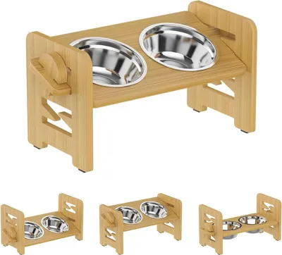 Image de Station d'alimentation surélevée en bambou pour chiens et chats - Support double pour gamelles - 2 gamelles en acier inoxydable 18 x 40 cm - Couleur bois naturel
