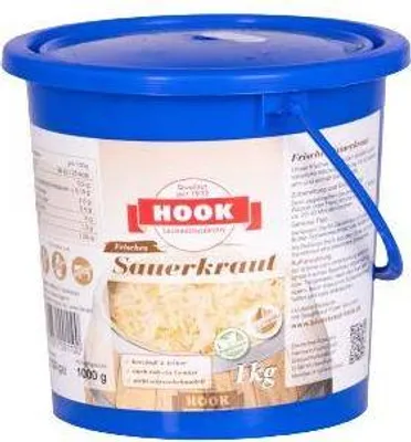 A blue plastic bucket containing sauerkraut.