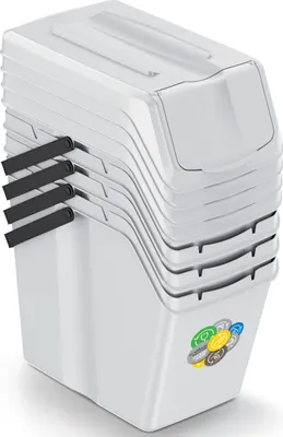A stack of white recycling bins with black handles, shown from a slightly elevated front-left angle against a white background. A small graphic of coins is visible on the front of the bottom bin.