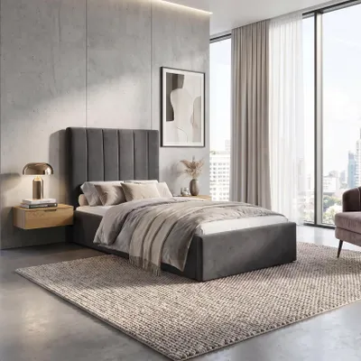 Produktbild von BEAUTYSOFA | Polsterbett MELVIO 90 × 200 cm Velvet Grau, Bett mit Matratze H2 MEDIRO ERGO+, Einzelbett mit Bettkasten und Kopfteil
