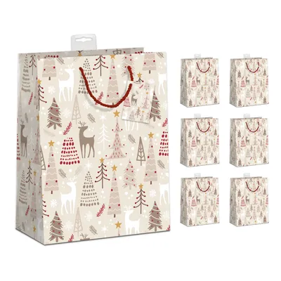 Produktbild von PremiumLine Geschenktaschen Weihnachten 6 Stück | DIN A4 Geschenktüten Papier Geschenkbeutel groß | farbige Kordel, Namenskarte | Winterwald, Large 26x32x12cm | Skorpion Papeterie