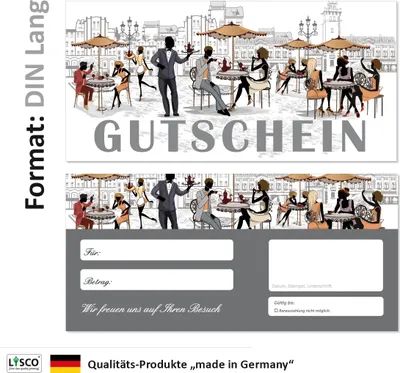 Produktbild von 100 Stück Geschenkgutscheine (Straßencafe-689) Gutscheine Gutscheinkarten für Gastronomie Bereiche wie Restaurant Gaststätte Lieferdienst Konditorei