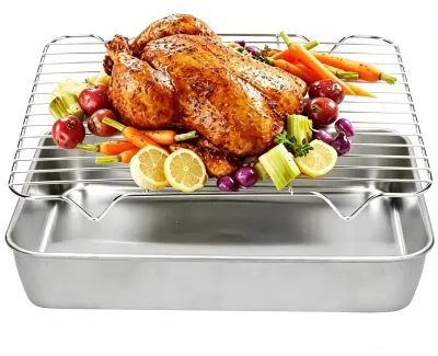 Productafbeelding van Ovenbestendige schaal met rooster, geschikt voor koken en bakken - Rechthoekig, 26,5 x 20,5 cm