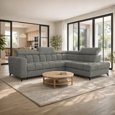 Produktbild von Ecksofa CAPRIO, Wohnzimmer, modernes Schlafsofa Sofa 5-Sitzer Sofa freistehendes Polstersofa Bettkasten 262 cm rechte Ottomane Grau Marcello 23