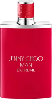 A studio shot of a red bottle of Jimmy Choo Man Extreme Eau de Parfum.