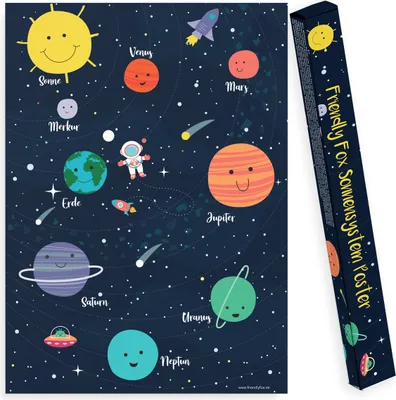 Produktbild von Friendly Fox Weltall Poster für Kinder, Weltraum Kinderposter mit Allen Planeten unseres Sonnensystems, Kinderzimmer Wandbild 50x70cm