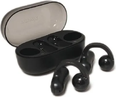 A pair of black wireless earbuds and their charging case are displayed on a white background.