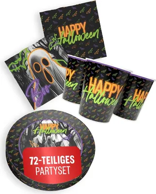 Produktbild von Halloween Neon Motiv 1 3-teiliges Party-Set mit 16 Papptellern, 16 Pappbechern und 40 Servietten