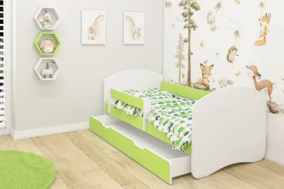 A child's bedroom with a bed and pull-out drawer.