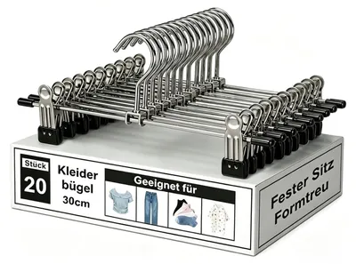 Hosenbügel 20 Stück, 30 cm, Metall, Antirutsch-Clips, platzsparend