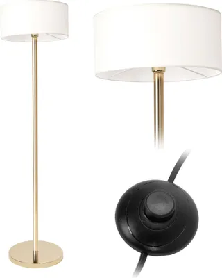 A collage of images showing a floor lamp and its foot switch.