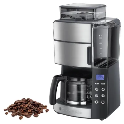 Productafbeelding van Russel Hobbs koffiezetapparaat met ingebouwde molen, geschikt voor 10 kopjes, 1000 watt, met glazen maalbeker