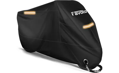 Immagine prodotto di Telo protettivo per motociclette Favoto, ideale per uso esterno. Realizzato in tessuto Oxford 210T, offre una copertura resistente e impermeabile. Adatto anche per l'uso interno, è dotato di cuciture rinforzate e strisce impermeabili