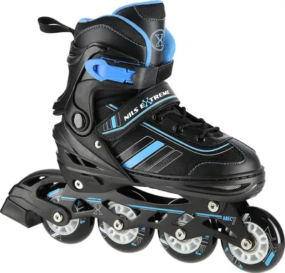 A black and blue inline skate is shown against a white background.